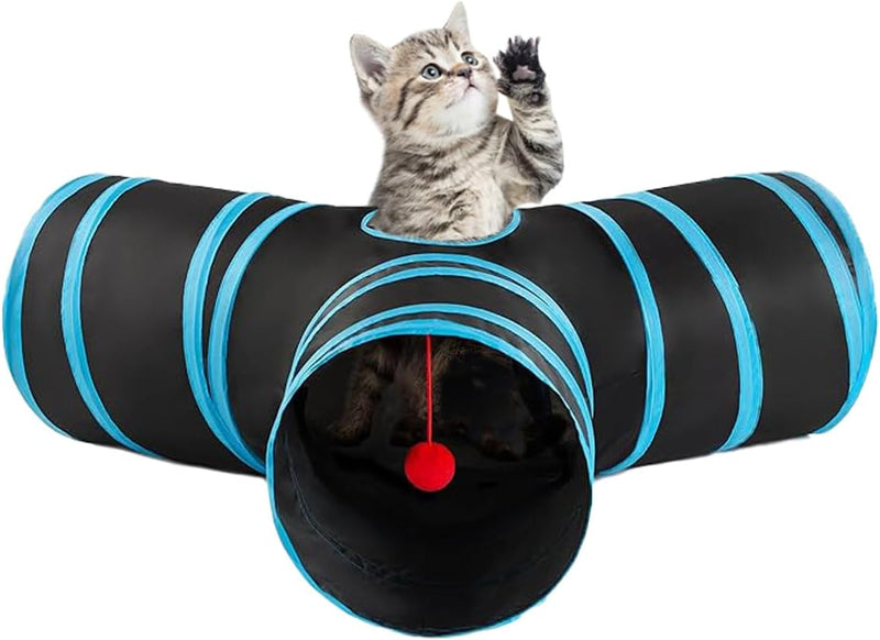 3 Way Cat Tunnel Collapsible Fun Pet Play Tube Toys for Cats, Kittens, Puppies & Rabbits - Portable Tunnel with Hanging