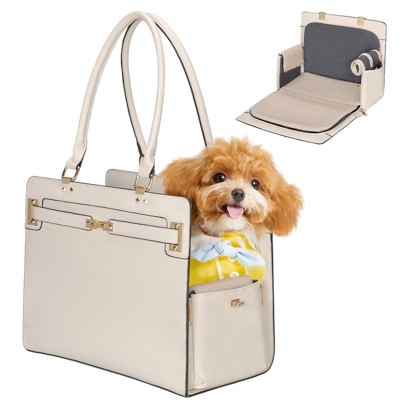 2-in-1 Stylish Dog Purse Carrier Soft-Sided Carriers Travel Tote Bag for Small Dogs Cats, Fashion Foldable Pet Bag for Puppies Small Animals with Pockets (White, 15