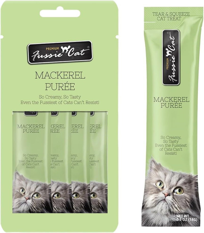 Fussie Cat Mackerel Puree, lickable cat Treats, 0.5oz Pouch Pack of 4