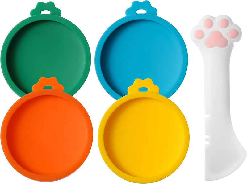 Joyinjojo Cat Food Can Lids with Cat Food Spoon, 4 Pack Small Silicone Pet Food Can Covers Lids for Cat Food Cans 3 oz,