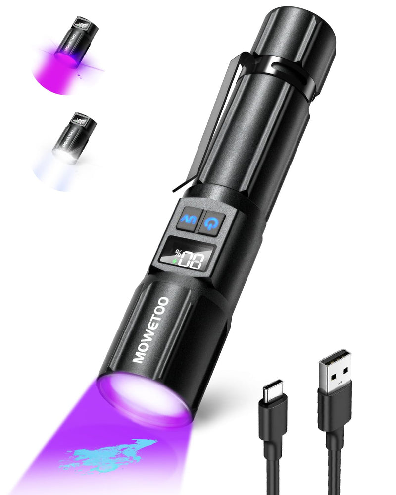 Black Light Flashlight, UV Light USB C Rechargeable with LCD Display, Zoomable Woods Lamp 2N1, 395NM Blacklight for Pet Urine Detection, Resin Curing, Rocks, Travel, Minerals, Scorpion, Glass, Leak