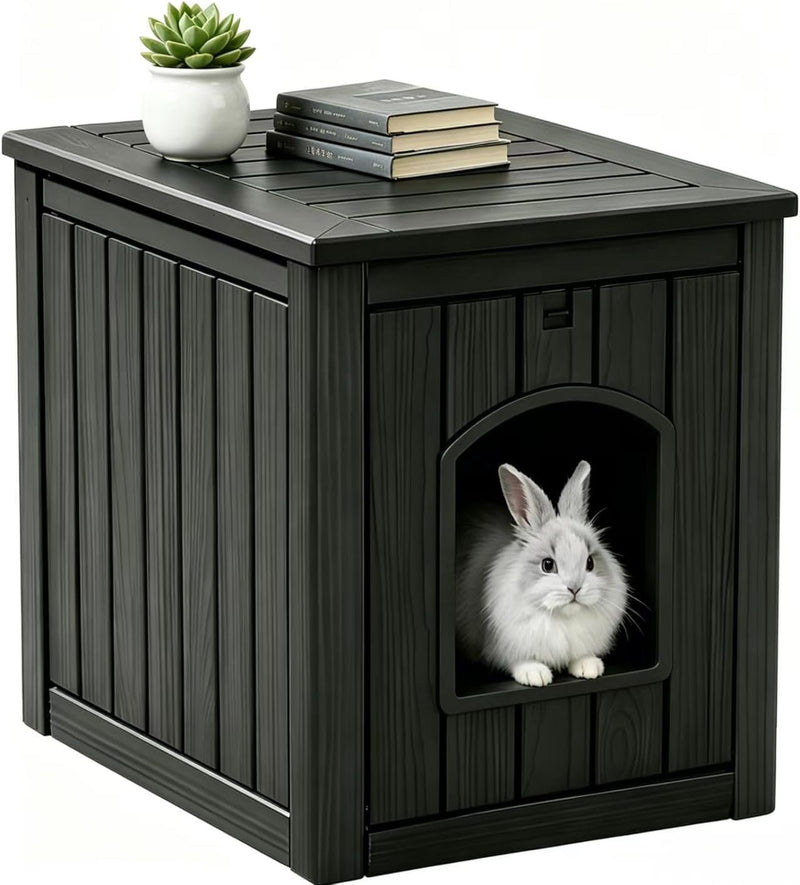 Rabbit Hideout Small Animal Habitat,Litter Box Enclosure Resin Weatherproof Black Bunny House, Multi-Functional Small Pe