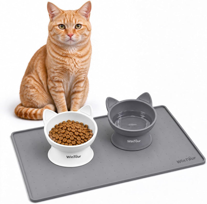 WinTour 2 Pack Elevated Cat Bowls with Food Mat, 15° Tilted Non-Slip Raised