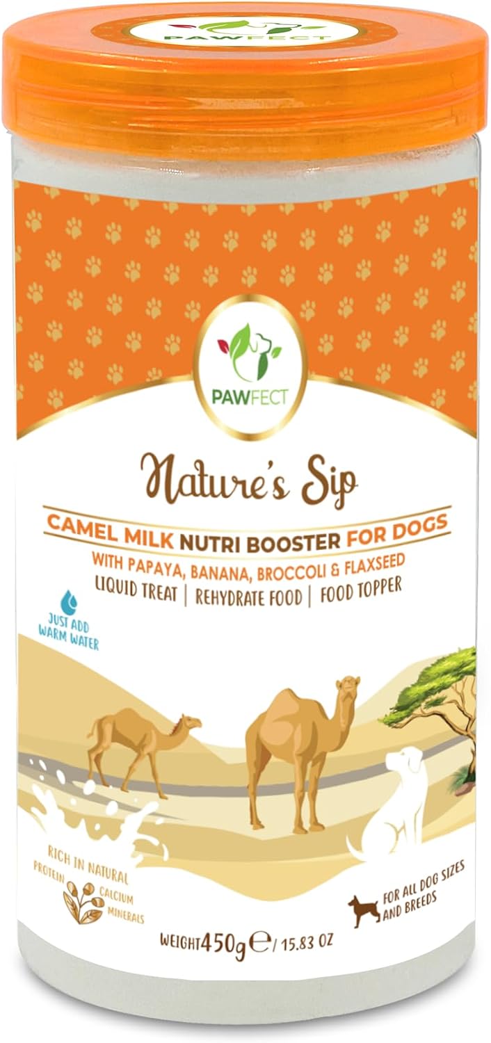 Pawfect Nature's Sip Camel Milk Powder with Papaya, Banana, Broccoli & Flaxseeds for Dogs- Easily Digestible- Pre & Prob