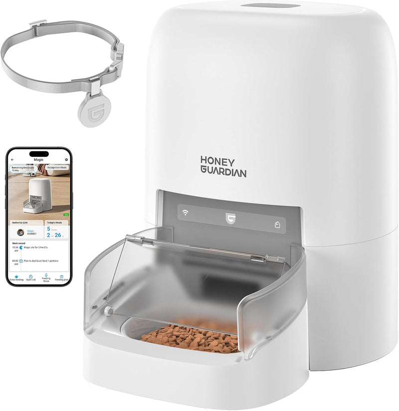 HoneyGuaridan RFID Automatic Cat Feeder with Collar Tag-Activated Personalized Meal, 5G WiFi APP Control Cat Food Dispen