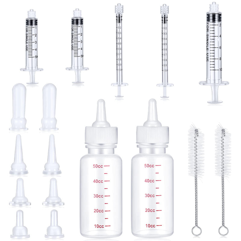Sadnyy 17 Pcs Kitten Bottle Feeding Kit Puppy Bottles for Nursing Puppy Milk, Liquid Syringes in 1, 5 and 10 ml, Replacement Silicone Nipples, Cleaning Brushes for Newborn Pet Dog Rabbit Goat