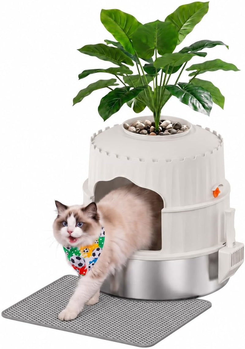 Hidden cat Litter Box Featuring a Stainless Steel Tray, Faux Greenery, an Activated Carbon Packet, and a Scoop; Plant-St