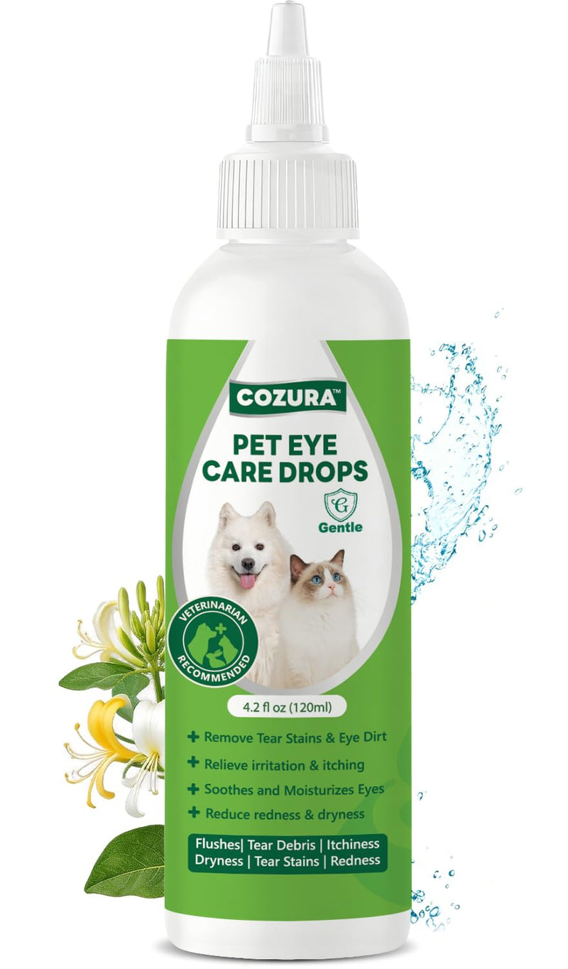 Cozura Dog Eye Drops for Allergies & Itching - Relief for Dry Red Eyes, Tear Stain & Discharge, Pet Eye Wash for Dogs & Cats - Gentle Sting-Free Pet Eye Cleaner, 4.2 fl zo