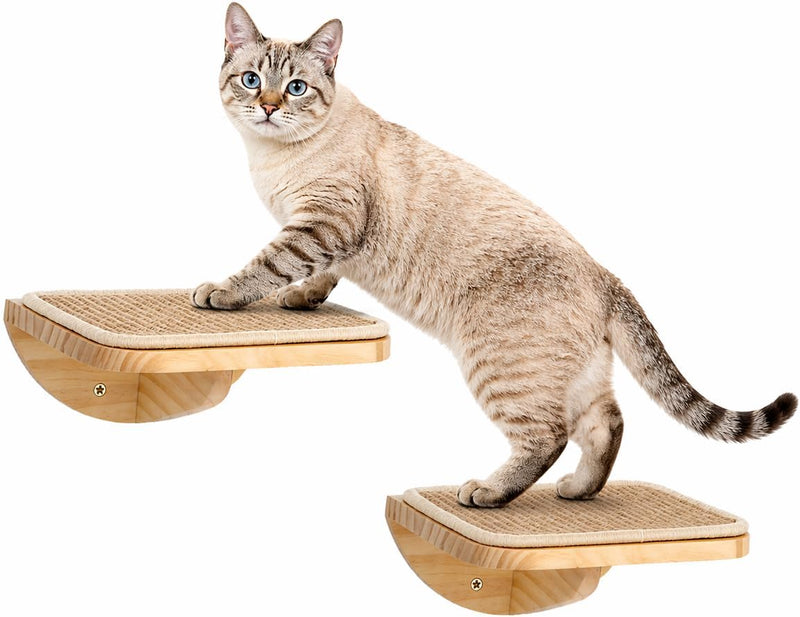 2 Set Wooden Cat Wall Shelves with Sisal Mat, Cat Wall Furniture Steps