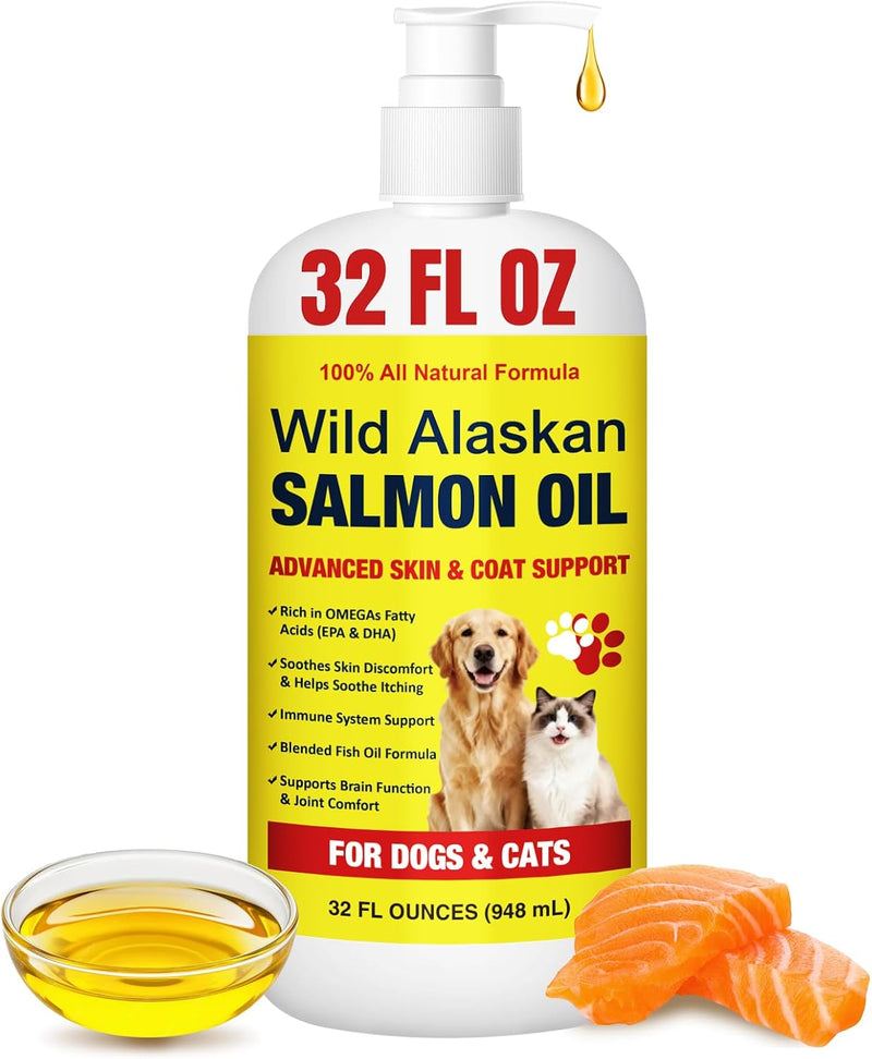 Wild Alaskan Salmon Oil for Dogs & Cats - Pure Liquid Fish Oil Skin Coat Supplement with Omega 3 6 9 Food Topper, Dry It