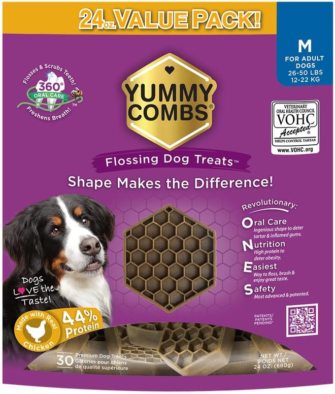 Yummy Combs Dog Dental Treats – Vet VOHC Approved – Delicious Chicken Protein – Removes Tartar with Cleaning Comb Shape