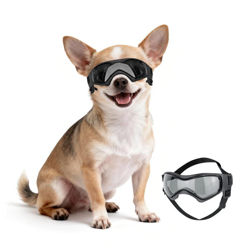 Billionchains Dog Sunglasses for Extra Small Breed UV Protection Windproof XS Dog Goggles with Adjustable Head & Chin Straps for Ride Car/Hiking Travel/On Beach-Black