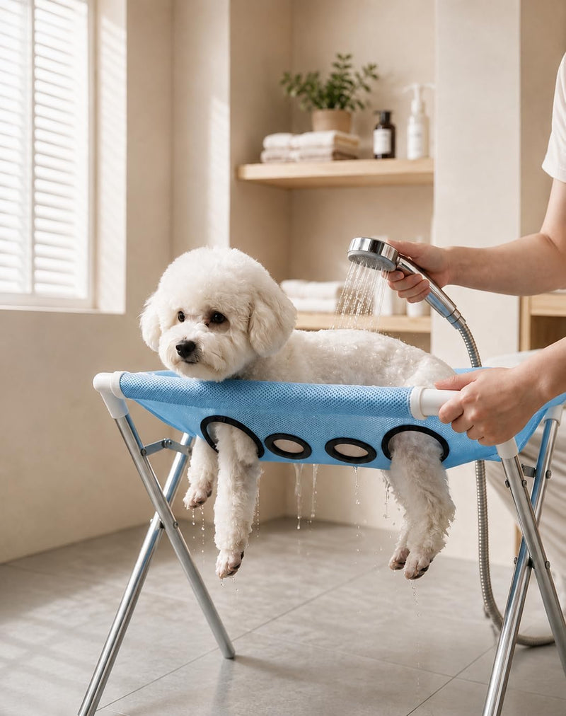 Dog Bath Holder for Small Dogs, Foldable Dog Grooming Hammock Stand,Blue
