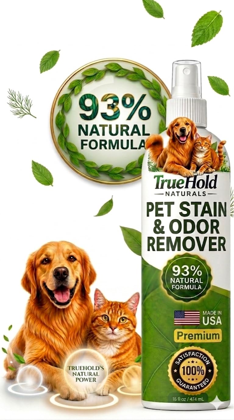 TrueHold Pet Stain & Odor Remover – Enzymatic Dog & Cat Urine Cleaner, 93% Naturally Derived – Removes Pee Smell from Carpet, Upholstery & Floors, 16 fl oz