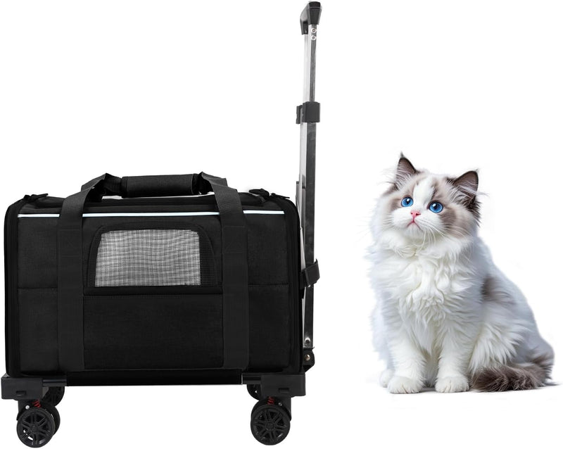 Pet Carrier with Wheels - Soft-Side Wheeled Cat Carrier for Dogs with Telescopic Handle, Collapsible Rolling Pet Travel