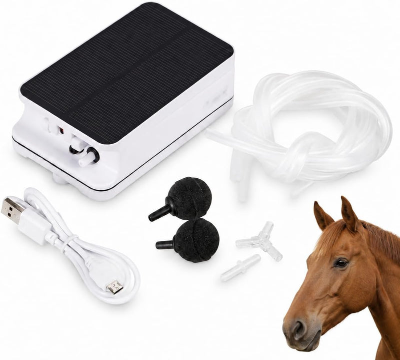 Solar Horse Water Trough Aerator, 0.3 L/min Pump with Solar + USB Charging.