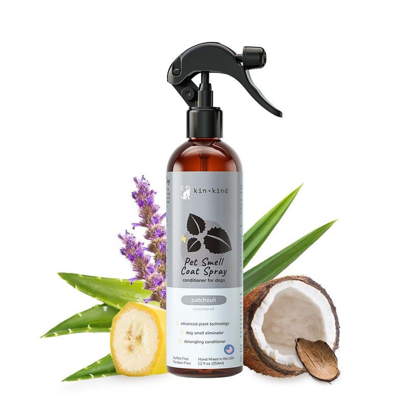 kin+kind Dog Coat Spray (12 fl oz) - Deodorizing Patchouli Formula with Long Lasting Dog Cologne Scent with Aloe Vera - Safe, Natural Odor Eliminator for Dogs - Made in USA (Patchouli)