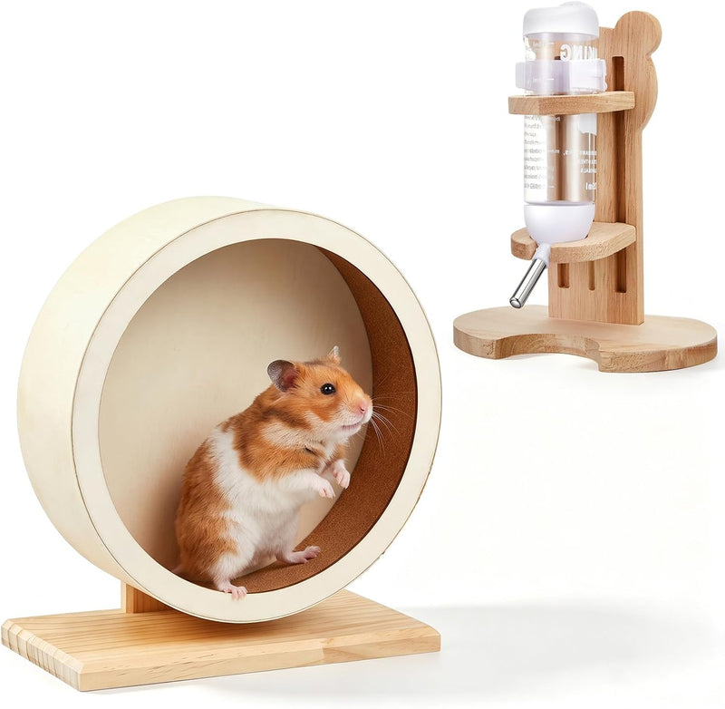 L, 11 Inch Wooden Silent Hamster Wheel with Water Bottle