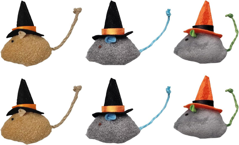 6-Pack Halloween Cat Toys Interactive Toy Witch Magic Hat Costume Plush Mouse Shaped Catnip Toys