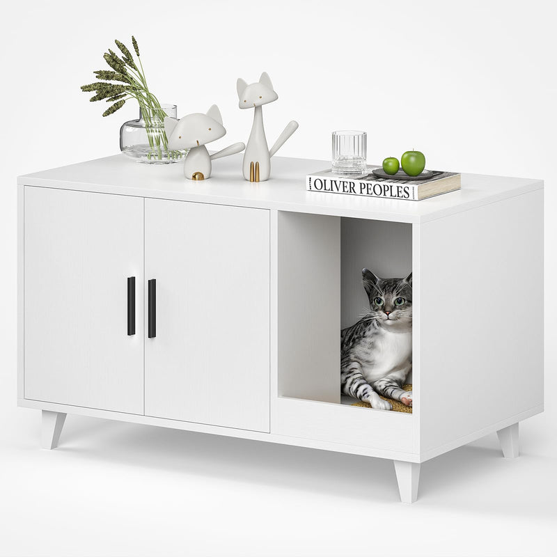 Stary Hidden Cat Litter Box Enclosure Furniture with Scratching Mat, White