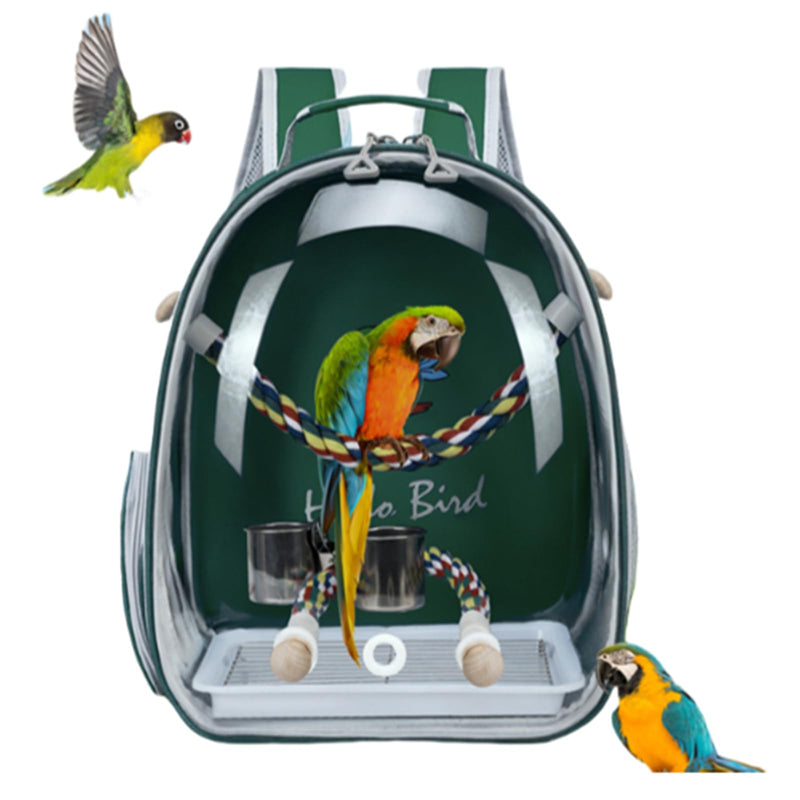 Bird Traval Carrier Cage, Multi Vent Holes Clear Space Capsule Astronaut Backpack to Carry Parakeet Cockatiel Parrot with Metal Tray Wood Perch, Vet Transport Book Bag (Green) (Green)