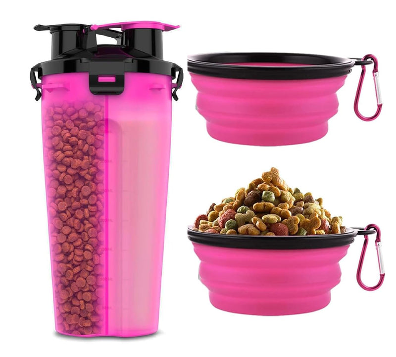 Dog Travel Water Bottle W/Collapsible Bowls - Portable 2 in 1 Leakproof Pet Water Bottle Food Container Ideal for Travel, Outdoor Portable Water Bowls for Walking, Camping & Hiking - (Pink)
