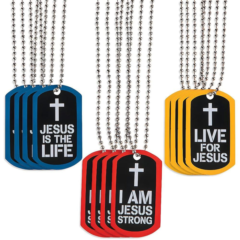 Fun Express - Jesus Strong Dog Tag Necklace - Jewelry - Necklaces - Dog Tag Necklaces - 12 Pieces