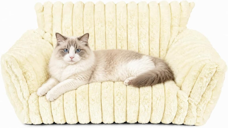 Pesonlook Cream White Plush Pet Sofa Bed for Cats and Small Dogs, 30 x 20 x 10 in Luxury Ribbed Cat Couch with Raised Ba