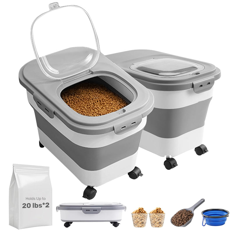 SEWIU Dog Food Storage Container Up to 2pack*20LB,Collapsible Dog Food Container with Travel Silicone Bowl and Scoop for Dog/Cat/Bird Food/Cat litter,Keep Dry Food Fresh,Easy to Move.