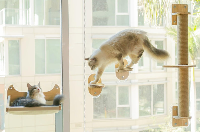 Pet Savvy 4-in-1 Window & Wall Mount Cat Wall Shelves – Hammock, Steps & Scratching Post with Landing | Space-Saving Pet Furniture for Glass & Drywall | Modern Cat Window Perch | Fits up to 40 lbs