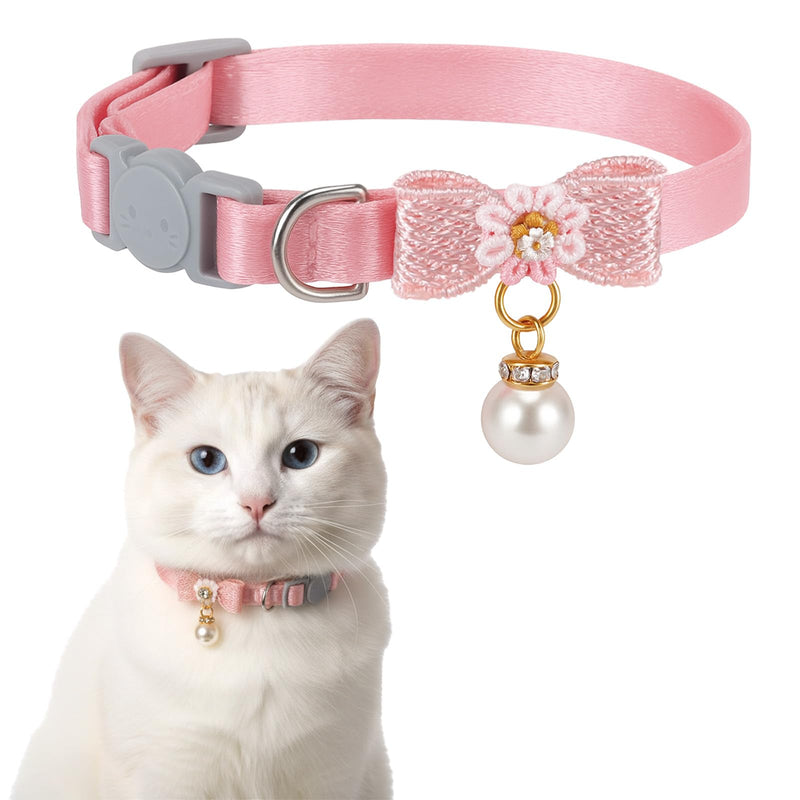 LXUEJIE Cat Collar Breakaway, Adjustable Pink Cat Collar with Pearl Pendant, Cute Cat Collars with Safety Buckle Pink Bowtie Kitten Collars for Girl Cats