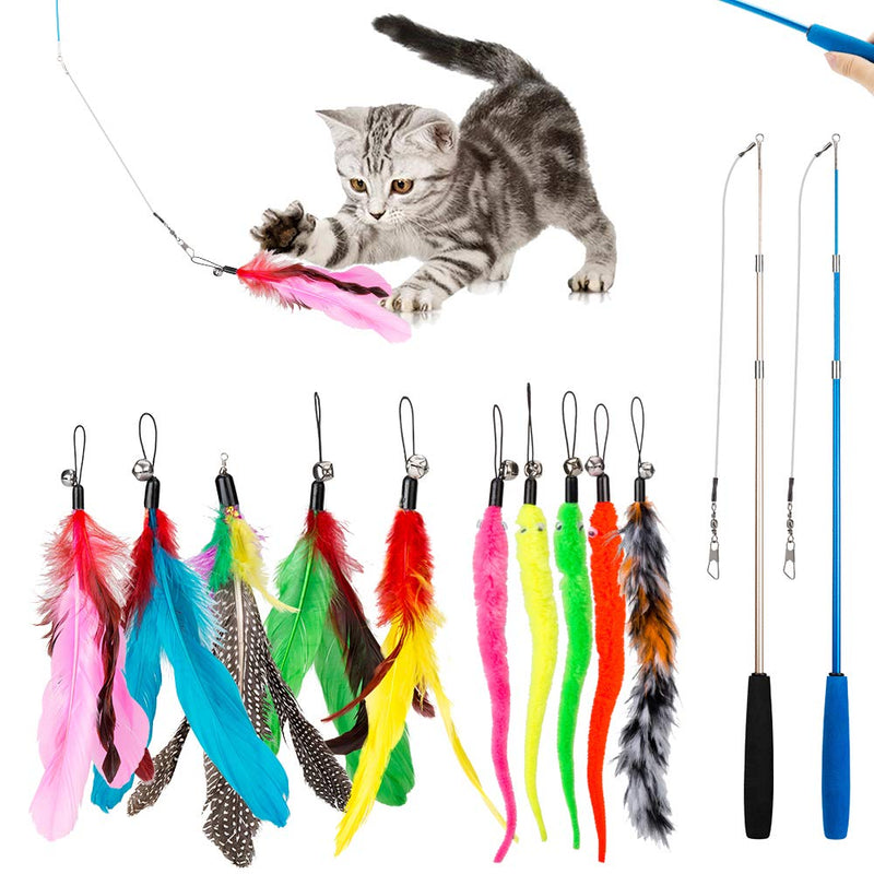 JIARON Cat Toys Feather Toy, 2PCS Retractable Wand and 10PCS Replacement Teaser with Bell Refills, Interactive Catcher and Funny Exercise for Kitten.