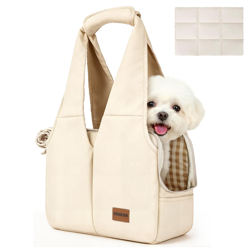 Dog Purse Carrier for Small Dogs and Cats, Soft-Sided Pet Tote Bag with 6 Large Pockets, Collapsible Travel Puppy Carrier with Small Cushion, Fits Pets up to 6 lbs (Beige, 13.6