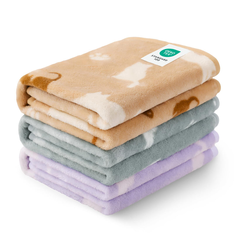 Luciphia 1 Pack 3 Cat Printed Fleece Pet Blankets Washable,Soft Warm Throw Covers for Crate Couch Bed,Cozy Puppy Essentials for Dogs and Cats,Purple/Grey/Khaki, Small (23x16 inch)