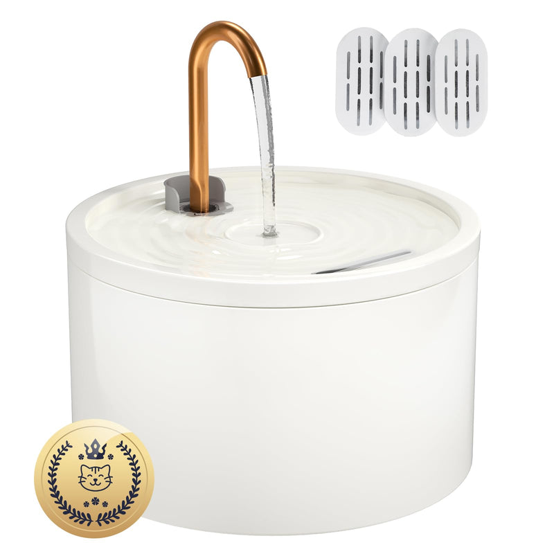 MISFANS Ceramic Cat Water Fountain - 2.1L/71oz - All-Ceramic Body & Pure Copper Water Spout - Non-Toxic - Automatic Pet Drinking Fountain Indoor with Ultra-Quiet Pump, and 3Pcs Filter & Sponge (White)