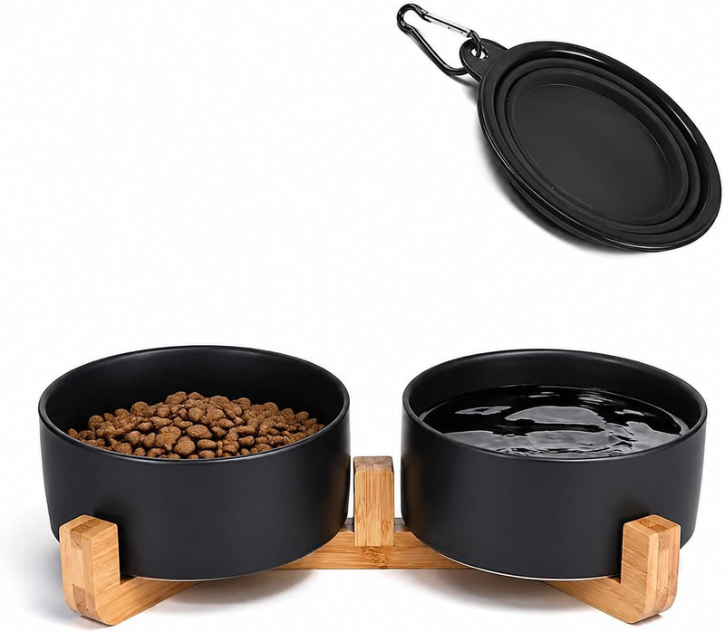 Petygooing Ceramic Dog Cat Bowls Set with Stand,Black Pet Food and Water Bowl,Small Dog Bowls Cute Modern Anti Slip Set