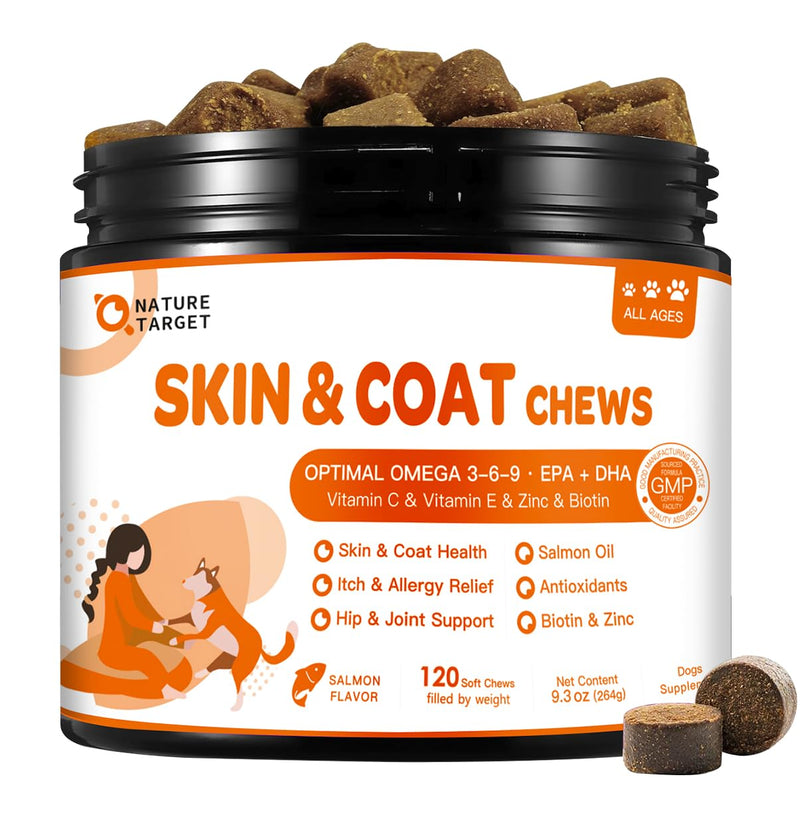 NATURE TARGET Omega 3 Fish Oil for Dogs, Salmon Oil Skin and Coat Supplement for Dogs Itchy Skin Relief with Omega 3-6-9 (EPA & DHA), Zinc, Biotin and Vitamin E & C - 120 Salmon Flavored Soft Chews