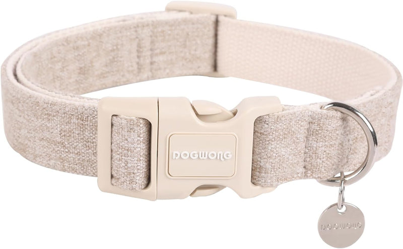 DOGWONG Cotton Hemp Dog Collar, Heavy-Duty Khaki Dog Collar Adjustable Soft Natural Fabric Pet Cute Wedding Puppy Neckla