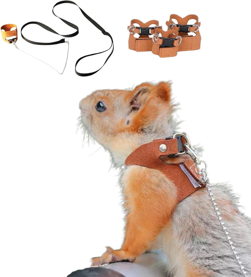 3 Pack Squirrel Harness and Leash Set - Adjustable Soft Leather & Traction Rope Strap Anti-Biting Chainfor Small Pet Wal