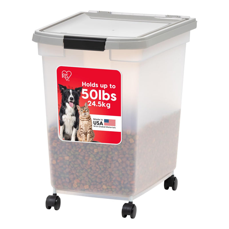 IRIS USA Airtight Dog Food Storage Container, WeatherPro, Up to 50 lbs, Removable Wheels, for Dog Cat Bird and Other Pet Food Storage Bin, Keep Fresh, Translucent Body, Made in USA, Clear/Gray