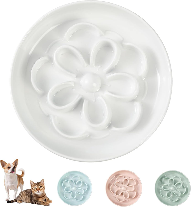 Melamine Cat Slow Feeder Bowl - Floral Maze Cat Food Dish - Flat Plate for Dry & Wet Food - Cute Kitten Bowl - Dishwashe