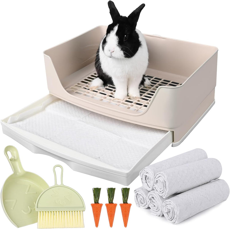 Large Rabbit Litter Box Bunny Potty Training Corner Litter Pan with Drawer Comes with Liners Rabbit Pee Pads, Small Anim
