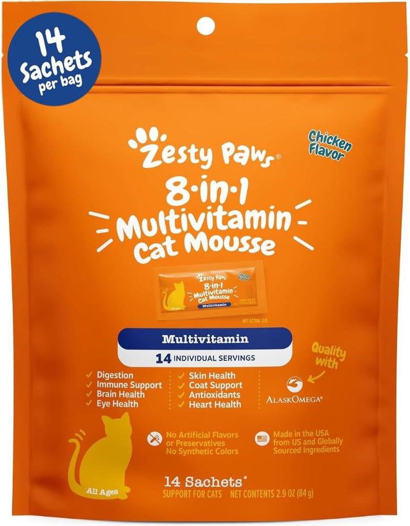 Zesty Paws 8-in-1 Cat Vitamins Mousse - Chicken, 14 Ct