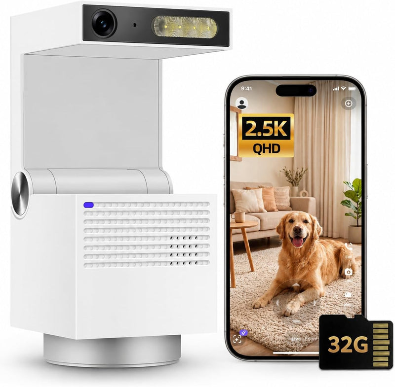 Genie S 2.5K Pet/Dog/Cat Camera, No Subscription Required, Built-in 32GB Storage, Phone APP, 2-Way Audio, 350° Pan&Tilt,