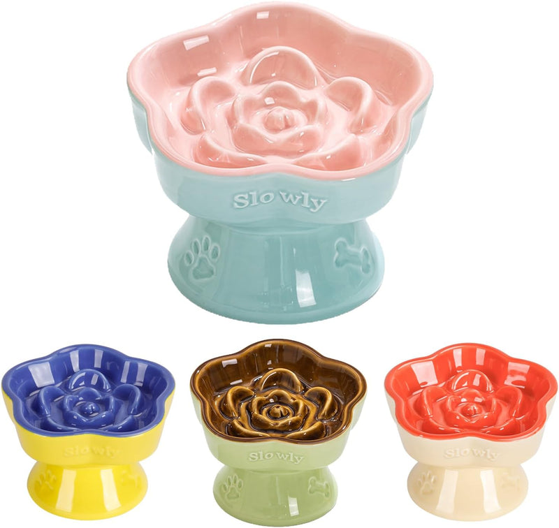 S&Q's CERAMICS Raised Slow Feeder Cat Bowl, Ceramic Elevated and Titled Glass Food Bowl Small Dogs Slow Feeder, Flower S