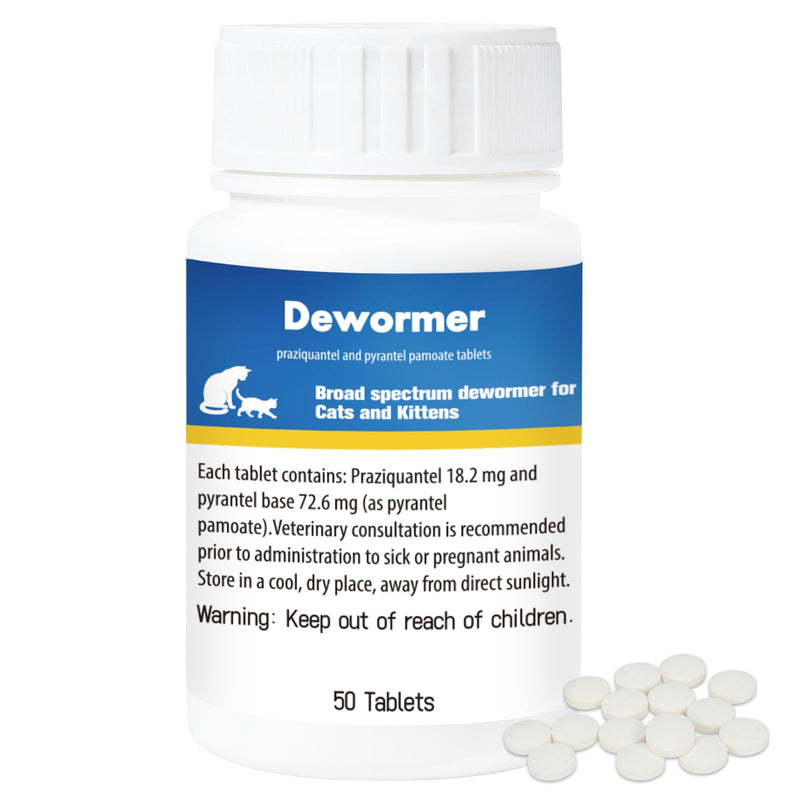 Broad-Spectrum Dewormer for Cats & Kittens, 50 Tablets, for Tapeworms, Hookworms & Roundworms