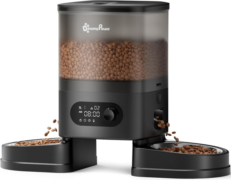 DownyPaws Automatic Cat Feeder 2 Cats, Rechargeable Timed Food Dispenser BK