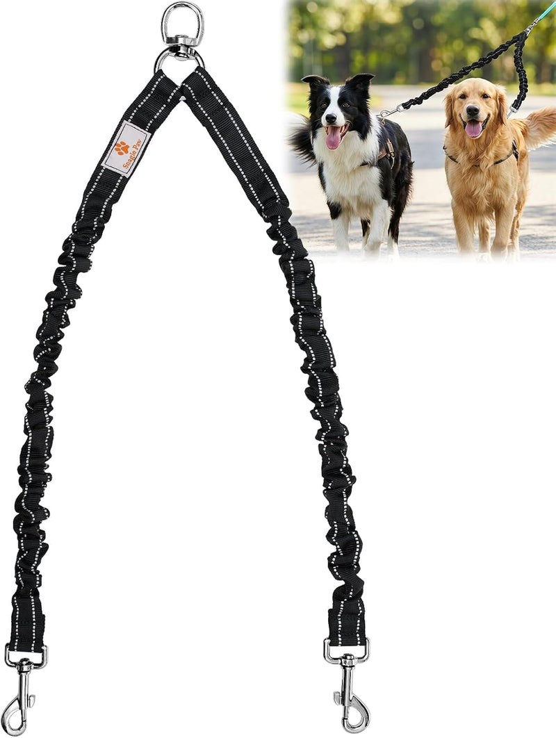 2 Dog Leash, 360° Swivel No Tangle Double Dog Walking & Training Leash, Comfortable Shock Absorbing Reflective Bungee Le
