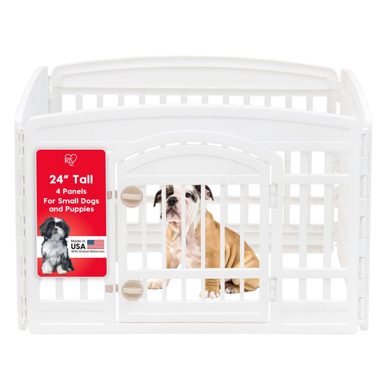 Dog Playpen Indoor Outdoor with Door Gate, Safe Durable 4-Panel Pet Exercise Pen, 35 x 35 x 24 Foldable Portable Puppy Play Pen for Small Medium Dogs, Made in USA, White, IRIS USA