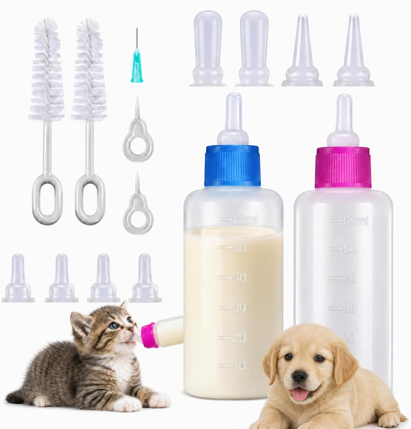 Tondiamo 17 Pcs Kitten Bottle Feeding Kit Puppy Bottles for Nursing Puppy Milk, Replacement Nipples Cleaning Brushes Bottle Opening Needles for Newborn Pet Cat Dog Rabbit Goat